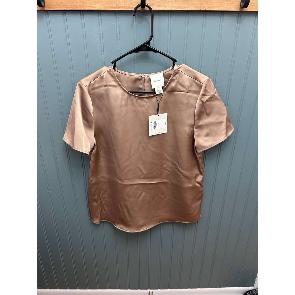 Calvin Klein Amphora Satin Short Sleeve Top Women's Small Bronze quiet luxury